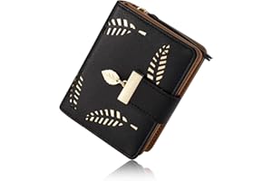Aoliandatong Ladies Purse Wallet, Small Womens Bifold Leather Purses with Cash ID Credit Card Holder, Hollow Leaf Ladies Vegan Coin Purses Money Bags with Zip(Black)