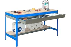 Simon Rack Mesa de Trabajo Taller, 600 kg Capacidad Carga, 842x1510x760 mm, 1 Cajón, Azul/Madera - BT0