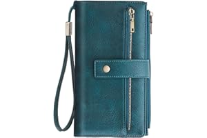 NEWIROVE Portefeuille Femme Grand Format, Porte Feuille Femme Cuir PU Vintage Porte Monnaie RFID Portefeuilles Et Porte-Cartes avec Fermeture Éclair Et Multi Cartes, Bleu Paon