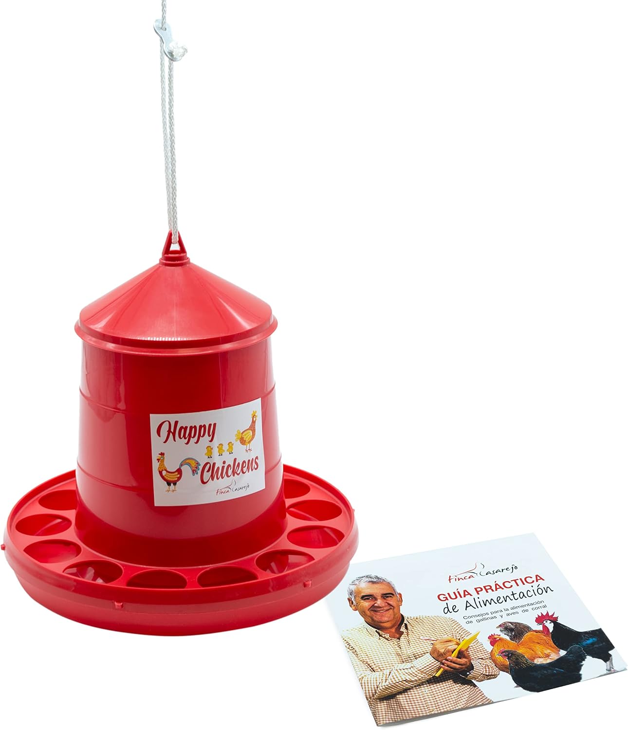 FINCA CASAREJO Comedero para Gallinas con Sistema Antidespilfarro - Tolva Happy Chickens 8 kg - Plástico Resistente para conservar el alimento - Incluye Guía Práctica de Alimentación
