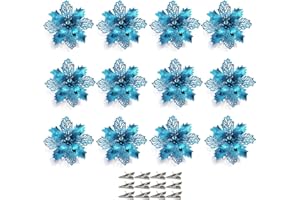 SECALIFE 12 Pcs Christmas Tree Flowers, Artificial Poinsettia Glitter Xmas Decorations, Ornaments for Garland Festive Party, Slight Blue