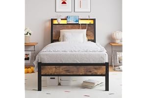 JELUTE 3ft Single Bed Frame with Charging Station and LED Lights, Wood Headboard with Storage Shelves, Heavy Duty Metal Slats, No Box Spring Needed, Noise Free, Easy Assembly,Black