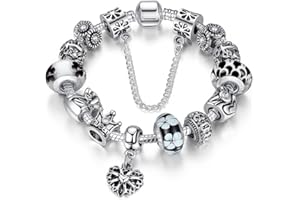 ATE A TE® Charm Pulsera Abalorio Murano Cristal Vidrio Perlas con Cadena de Seguridad Chapado Blanco Oro #JW-B110