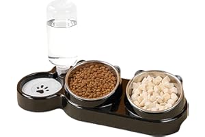 SPEEDY PANTHER 3-in-1 Cat Food and Water Bowl Set, Tilted Stainless Steel Bowls with Stand, Double Food Bowls with Water Dispenser, Pet Feeding Station for Cats Small Dogs, Black