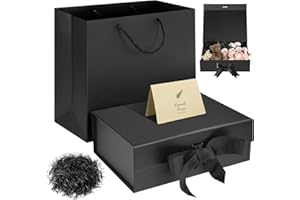 SEKEPINGO Caja de regalo magnética de lujo negra de 32,5 x 23 x 10,5 cm, caja de embalaje grande con cinta, tarjeta de felicitación de papel triturado con bolso, fácil montaje, cajas de recuerdos de fiesta para