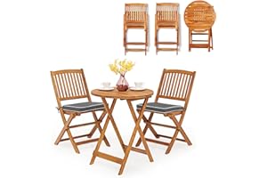 KOMFOTTEU Juego Mesa y 2 Sillas Plegables para Exterior, Conjunto de Muebles de Madera de Acacia para Jardín, Set de Asientos con Cojines y Mesa Redonda, para Patio, Terreza, Balcón (Cojín Gris)