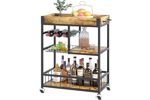 HUHOTE Bar Cart, 3 Tier Serving Trolley, Rolling Wine Trolley, Serving Cart with Iron Basket and Handle, Kitchen Storage Carts With Wheels, Tea Drink Trolley for Dining Living Room Bedroom Outdoor, Brown