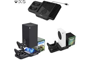 WEDORAT Support de refroidissement vertical Xbox Series X / S, support de station d'accueil de chargement pour contrôleur sans fil double avec 11 pièces de stockage de jeu, indicateurs LED, 3 concentrateurs U