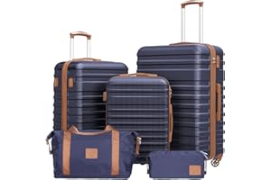 COOLIFE Suitcase Set 5 PCS - 20/24 / 28" Lightweight Luggage Set + Travel Bag & Toiletry Bag, Suitcases with TSA Lock + 360° Wheels for Family Travel, Study Abroad & Long Trips Blue/Brown