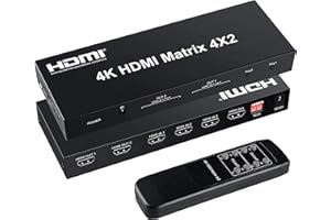 FERRISA 4x2 HDMI Matrix Switch,4 in 2 Out Matrix HDMI Video Switcher Splitter +Optical & L/R Audio Output,Support Ultra HD 4K x 2K,3D 1080P,Audio EDID Extractor with IR Remote Control & Power Adapter