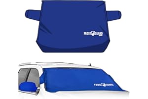 FrostGuard Plus zimowa osłona przedniej szyby na lód i śnieg, rozmiar XL (indygo) – zintegrowany panel bezpieczeństwa, osłona pióra wycieraczki + osłony lusterka – pasuje do samochodów, ciężarówek i