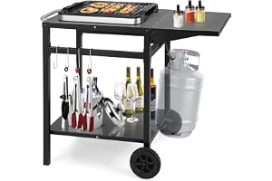 COSTWAY Grillvagn med vikbar bordsskiva, rörligt campingbord med 2 hyllor och 4 krokar, grillbord i metall för utomhusbruk, rullvagn för grill och utomhuskök, tillredningsvagn