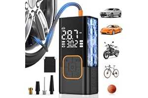 SYDERUER Tyre Inflator Air Compressor, Cordless Electric Bike Pump & Car Tyre Pump with Digital Pressure Gauge 150 PSI, Dual Values Display, LED Light, Portable Tyre Inflator for Car/Bicycle/Motocycle/Ball