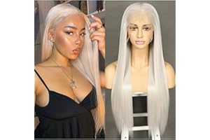 ‎SAPPHIREWIGS Sapphirewigs Platinum Grau Lange gerade Perücke 13x6 Lace Front Perücke Damen Gerade synthetische Haare 150% Dichte Party täglich tragen Weihnachten 26 Zoll