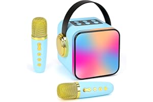 VIXKPIRR Machine de karaoké pour Enfants, Mini Haut Parleur Bluetooth Portable avec 2 Microphones sans Fil et lumières LED pour fête à la Maison, Cadeaux d'anniversaire pour Filles et garçons(Bleu)