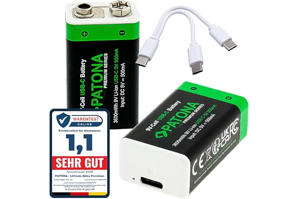 PATONA 9V blockbatteri 2-pack, uppladdningsbart via USB-C, 3,6Wh
