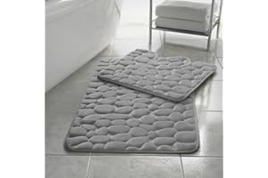 EXQUIZIT HOME® Luxury Memory Foam Bath Mat Set 2 Piece – Non Slip Pebble Bathroom Rug & Pedestal Mat, Quick Dry Ultra Absorbent Soft Cushioned Mats 100% Polyester (Silver)