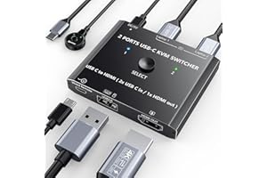 CAMGEET Switch kvm USB tipo C 4K a 60 Hz, switcher HDMI a 2 porte tipo C+1 per 2 laptop Condivisione di 1 monitor HDMI e dispositivi USB, EDID adattivo, USB 2.0, con telecomando cablato e USB-C Cavo