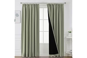 BellaHills 100% Blackout Curtains for Bedroom Thermal Insulated Curtains & Drapes Blackout Curtains Pencil Pleat Curtains for Living Room with Black Liner 2 Panels, 90 x 90 Inch, Light Sage
