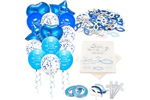 HOTSAN Kommunion Deko - 124 Servietten Taufdeko 'Schön, DASS du da bist!', 70 Blau Weiß Holz Fisch Deko Tischdeko zur Taufe, 14 Luftballons, Taufdeko Jungen Mädchen Servietten, Konfirmation Deko