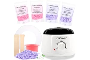 ANGNYA Kit Cera Brasiliana e Scaldacera Professionale,Ceretta Brasiliana Kit Completo con 400g Perle di Cera Dura e 20 Spatole Riscaldatore Ceretta,Una pentola di silicone e 5 Anelli di Carta Pulito