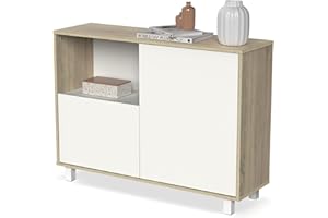 MUEBLES PITARCH | Aparador Salón Comedor, Buffet, Mueble Auxiliar, 2 Puertas y 1 Hueco, con Patas, Blanco y Roble Cambrian, 82,5x112x33cm, Recibidor Moderno, Colección Tibet