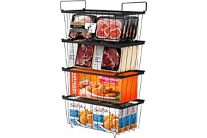 TEODUTE 4 Pezzi Cesti per Congelatore, Impilabili Organizer per Congelatore con Manici, Alta Capacità Cestini Portaoggetti In Filo Metallico per Congelatore da 198L, Facile Accesso Agli Alimenti Surgelati