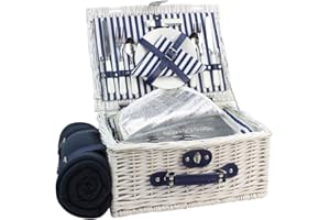 HAPPYPICNIC INNO STAGE Willow Picnic Basket per 2 Persone, Wicker Hamper Set con vano refrigerante Isolato, Tappeto da Picnic in Pile Morbido Rimovibile (Bianco Lavato)