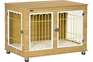 PawHut Dog Crate Furniture, Side End Table, Indoor Dog Kennel with Soft Washable Cushion, Wire Mesh, Large Top, for Medium and Large Dogs, 90 x 58 x 65, Oak Tone