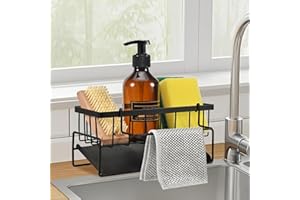 YVCVQKUC portaspugne per lavello cucina, organizer cucina, portaoggetti per lavello in acciaio inox con vaschetta di scarico automatica, portaoggetti per spugne, asciugamani, spazzole, nero