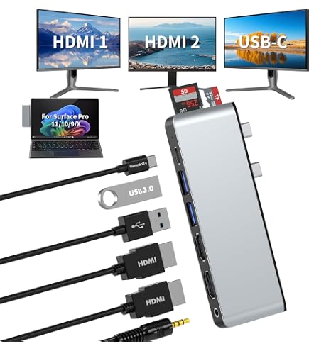 Dockingstation Voor Surface Pro 8/9/10/11/X – 8-poorts Hub – Met 4K HDMI, Thunderbolt 4, USB 3.0, SD/TF-lezer En 3,5 Mm Audio