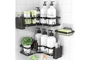 PKBD Mensola Doccia Senza Foratura 3 Pezzi, Accessori Bagno senza Forare, Gancio e Dentifricio Sedile, Bagno o Cucina, Anti ruggine Acciaio Inox Aspirazione Accessori Bagno, Nero