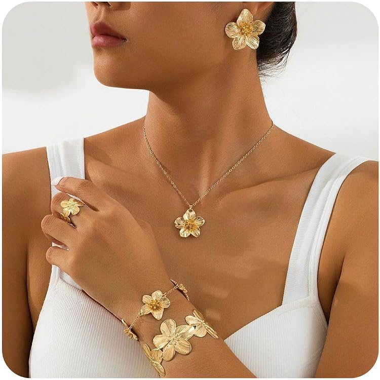 Parure Bijoux Femme Fleurs – Boucles D'oreilles Et Collier élégant, Métal Doré, Pour Toutes Occasions (mariage, Soirée, Quotidien) – Cadeau Tendance