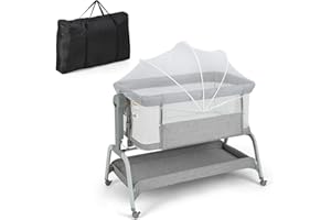 COSTWAY Łóżeczko dziecięce 4 w 1 z moskitierą, łóżeczko pomocnicze, kołyska dla niemowląt, wózek wiklinowy i łóżeczko turystyczne z materacem, 6 regulowanych wysokości, torba do noszenia, mobilne