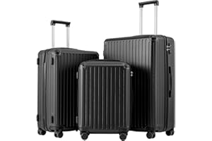 COOLIFE Suitcase Trolley Carry on Hand Cabin Luggage Hard Shell Suitcase Lightweight ABS Material with TSA Lock Telescopic Handle and 4 Dual Spinner Wheels (Black, 3 Piece Set)