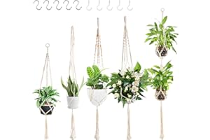 Fohil Zestaw 5 doniczek z makramy, linka bawełniana, stojak, zawieszki ścienne do użytku w pomieszczeniach, z 10 haczykami, do użytku wewnątrz i na zewnątrz, na suficie, balkonie, jako dekoracja ścienna