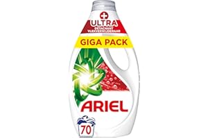 Ariel +Ultra Détachant Lessive Liquide, 70 Lavages (3.15L), Élimine Même les Tâches Incrustées Depuis 7 Jours, Impeccable Même à Froid, Fabriqué en France
