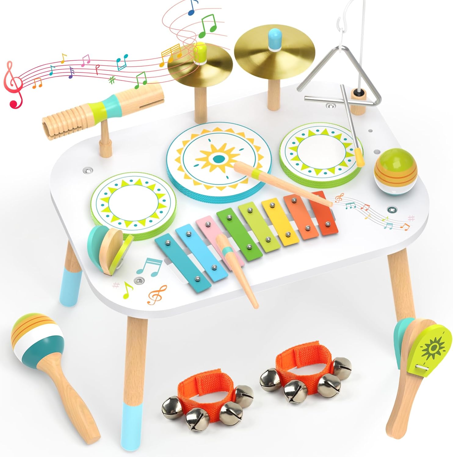 Batería 12‑en‑1 para Niños 1‑3 Años, Mesa Instrumentos Musicales Bebé, Juguetes Madera Montessori con Xilófono, Bongos, Platillo, Maracas & Cascabeles de Muñeca, Regalo Cumpleaños Niño Niña 1 2 3 Años