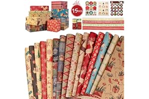 OEMG Papier Cadeau Kraft Noël, 15 Feuilles Recyclable de D'emballage, Avec des autocollants étiquettes et ruban pour la décoration actuelle Recyclé Naturel Brun Rétro 70x50cm