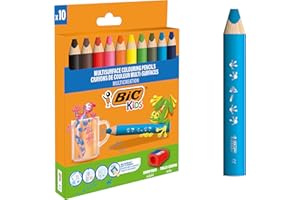 BIC KIDS BIC Crayons de Couleur Multi-Surfaces & Usages (Ardoise, Tableau, Verre, Plastique, Bois.) - Etui carton de 10 Crayons Larges pour Enfants, Mine XXL, Couleurs Assorties, Taille-Crayon Inclus