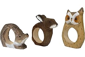 your castle Anelli portatovaglioli, intagliati a mano, design animale, riccio, gufo, coniglio, set da 3 pezzi, in legno, dipinto a mano, versatile, con base stabile, 8 x 6 x 2 cm