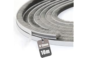 Vingspina Junta de Cepillo Autoadhesiva 10M(L) x 9mm(W) x 15mm(D), Burlete Cepillo para Puerta Corredera Ventana y Persiana, Burlete para Aislamiento Viento Frío, Ruido y Polvo, Gris