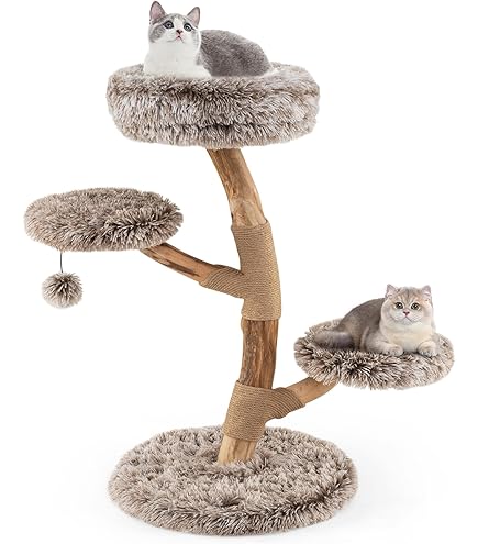 COSTWAY Krabpaal Van Hout, Kattenboom Met Hangmat En Sisaltouw En Pluche Zitvlakken Kattentoren Met Krabpalen Van Jute Massief Hout Kattenkrabpaal Klimboom Voor Katten Wit