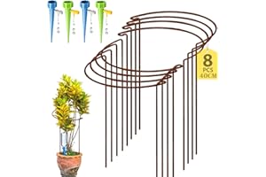 KAZITOO 8 Stück 40cm rostige Pflanze Stützpfeile, natürliche Rost Halbrunde Blume Unterstützung mit 4 Selbst Bewässerung Spikes, rostige Metall Vernetzung Garten Grenze für Pfingstrosen, Hortensie