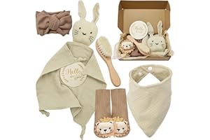 YTACREA Coffret Cadeau Naissance Bébé, Doudou Lapin pour Fille et Garcon, Cadeaux pour Nouveaux avec Bavoir, Bandana, Brosse, Chaussettes, Carte Etape, Kaki