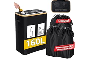 GARPROVM 160L Pfandflaschen Sammelbehälter, 2 Fächer Flaschensammler mit Doppel Silikonloch Sichtfenster 3 Innentaschen, Leergut & Altglas Groß Recyclingbehälter für Flaschen Dosen Gelber Sack Ständer