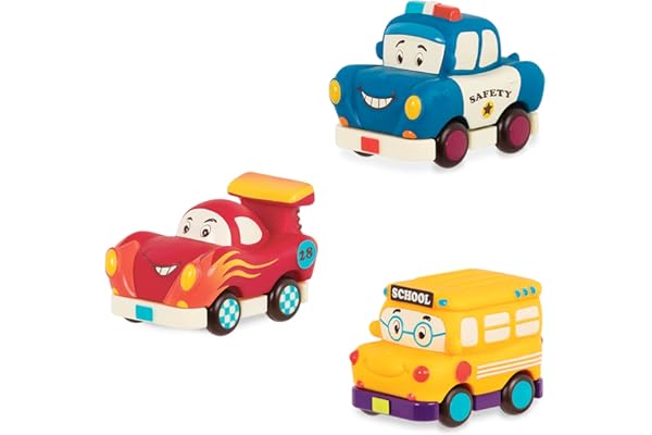 B. toys - Mini Wheeee-ls ! - Voitures à tirettes - 3 Mini-Voitures - Bus, Voiture de Course, Voiture de Police - Véhicules Jouets pour Les Tout-Petits, Les Enfants - 1 an et +