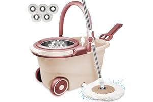 IBK Lavapavimenti Mop Rotante, Roto Mocio in Microfibra con strizzatura automatica a centrifuga 360° secchio strizzatore flessibile, 5 Testine Sostitutive, Dispenser per detergente (Rosso)