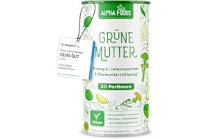 ‎ALPHA FOODS Grüne Mutter 2.0 - Das Original - Greens Shake - Akazienfaserpulver, Weizengras, Brennnessel, Mariendistel, Alfalfa, Chlorella und mehr - Smoothie Shake - 600g Pulver - Alpha Foods