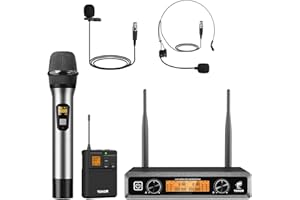 TONOR Sistema di microfoni wireless con microfoni palmari/auricolari/lavalier cordless UHF in metallo, trasmettitore bodypack, ricevitore, 2*15 canali, portata 61m per karaoke chiesa canto festa
